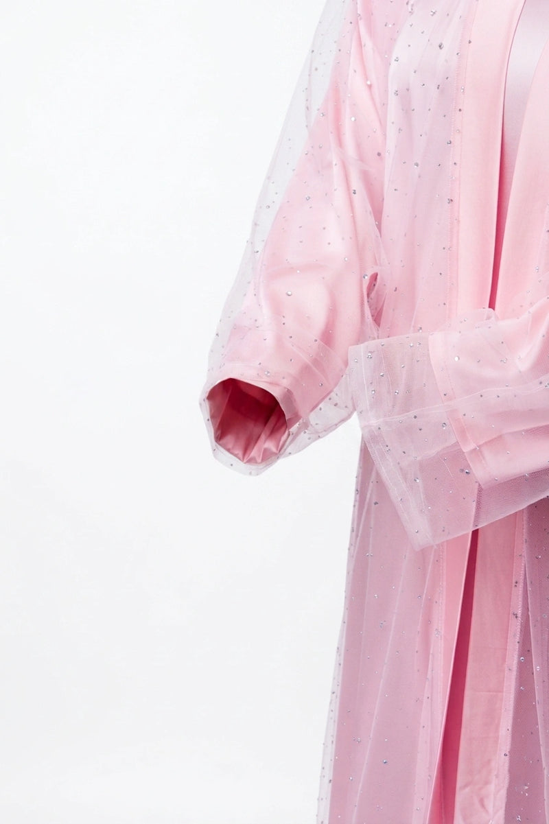 Luxury Three Piece Open Abaya Set – Pink