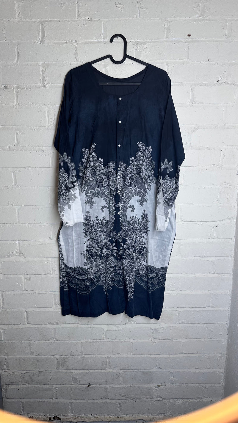 Navy Blue Floral Printed Kurti | Size M | Elegant Traditional Wear