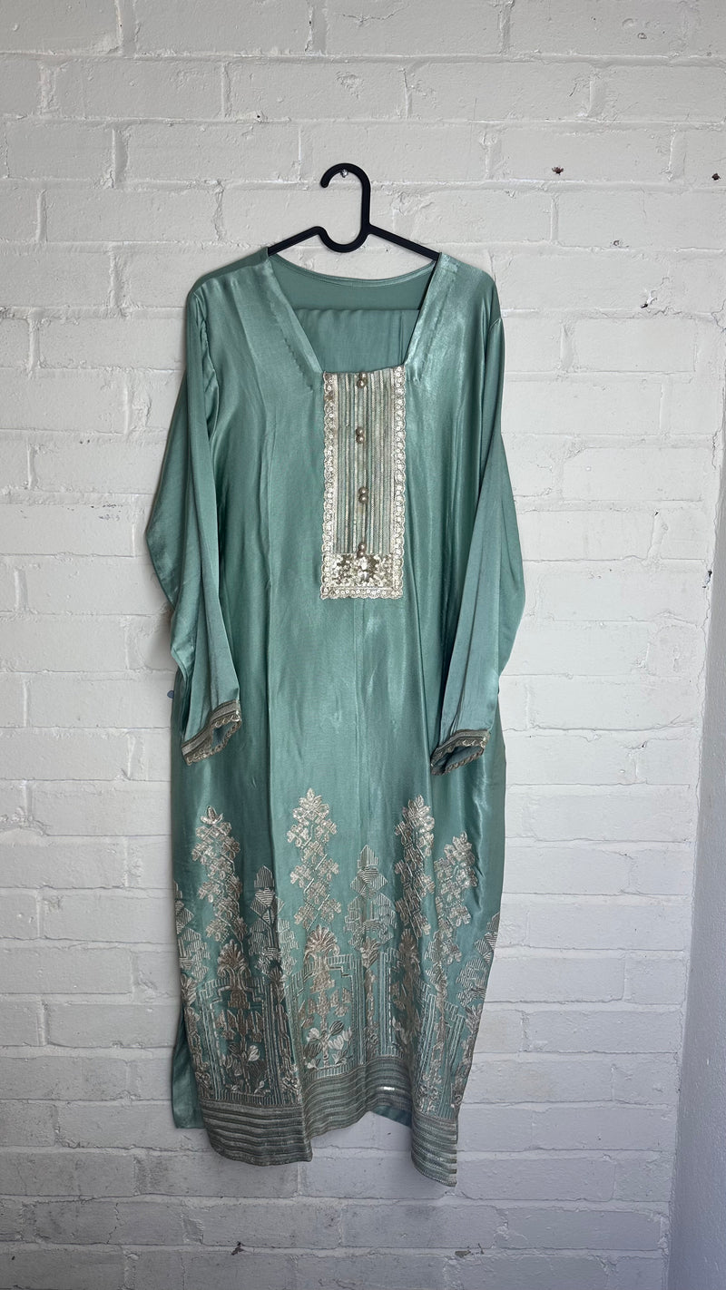 Mint Green Embroidered Ethnic Kurti