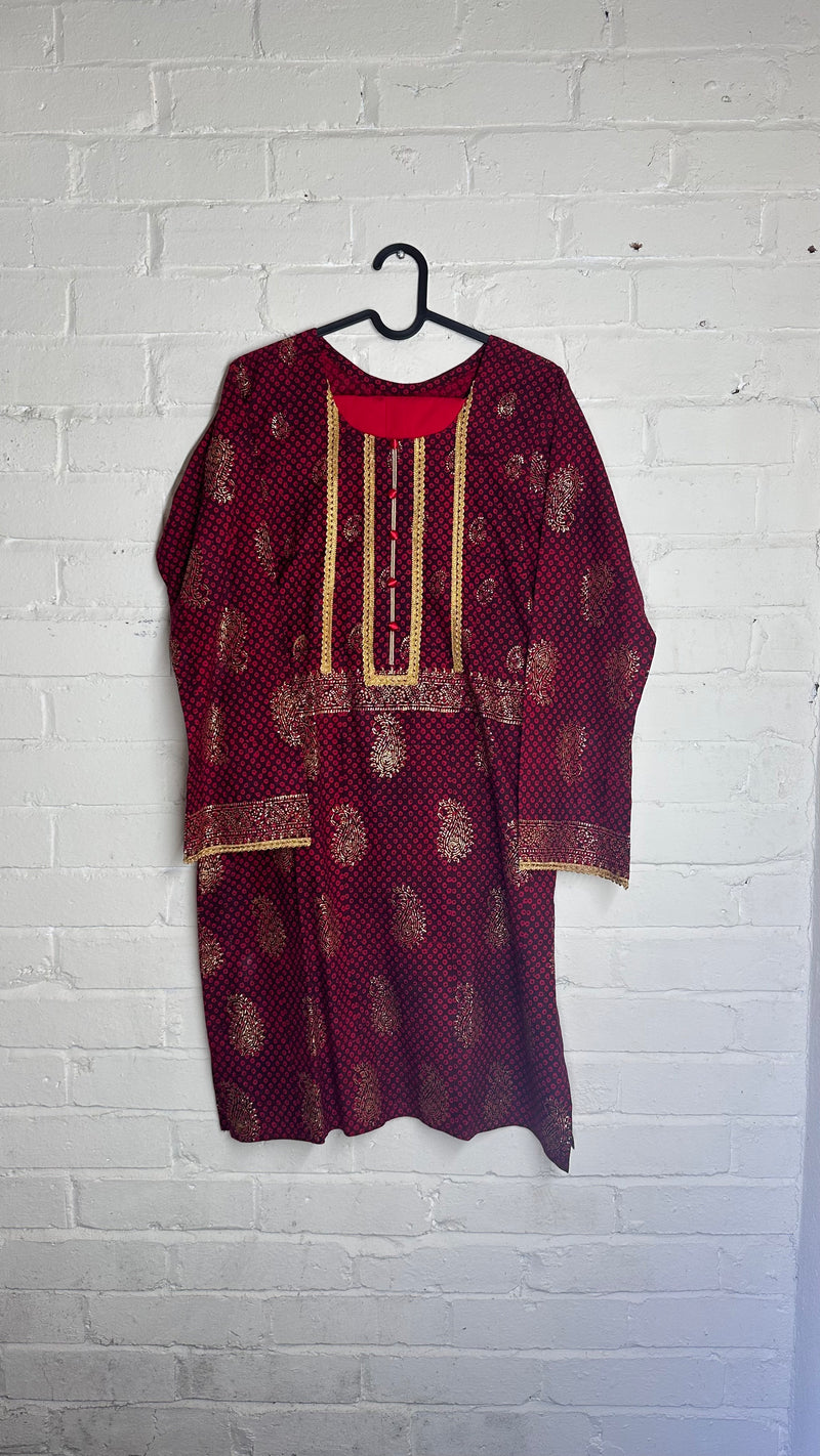Red Printed Ethnic Kurti with Gold Embroidery
