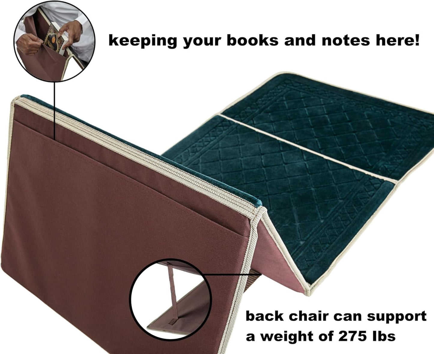 Muslim prayer rug (mat/Jay Namaz) with back support.