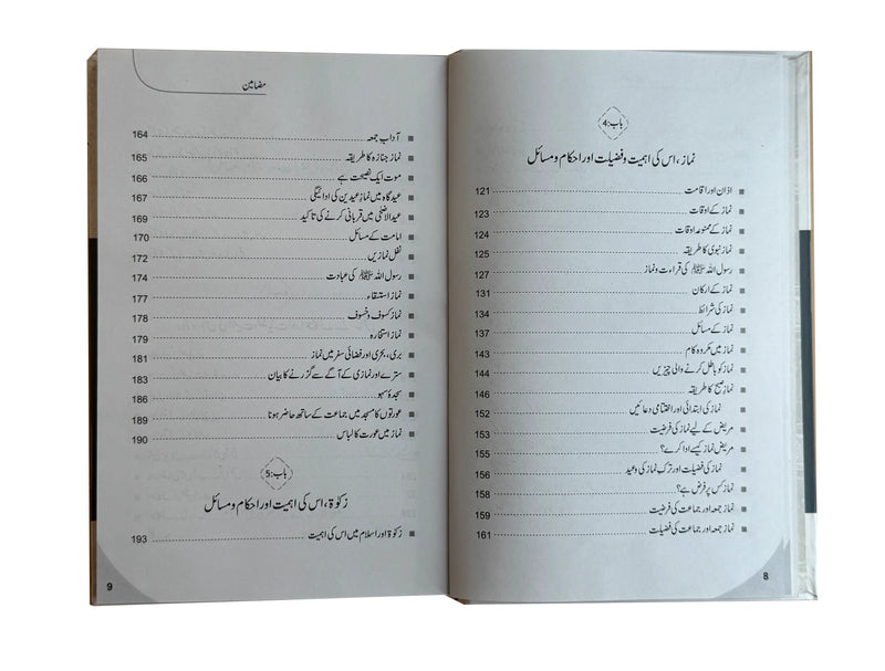 Arkan-e-Islam-o-Iman Urdu book table of contents pages 8-9 showing prayer and zakat chapters
