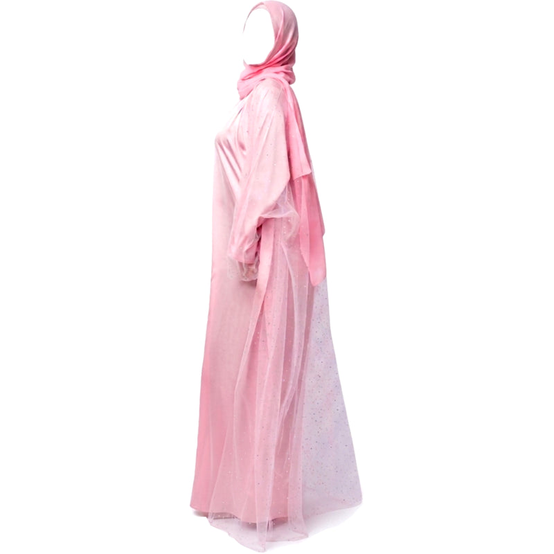 Luxury Three Piece Open Abaya Set – Pink