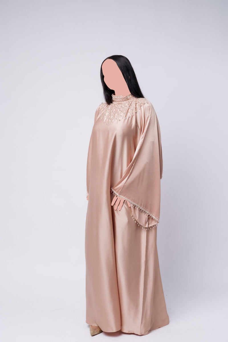 Luxury Embellished Abaya With Beaded High Neck & Fringe Sleeves – Golden Peach