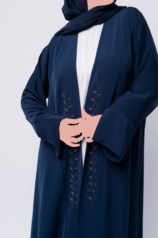 Luxury Embellished Open Abaya - Navy Blue