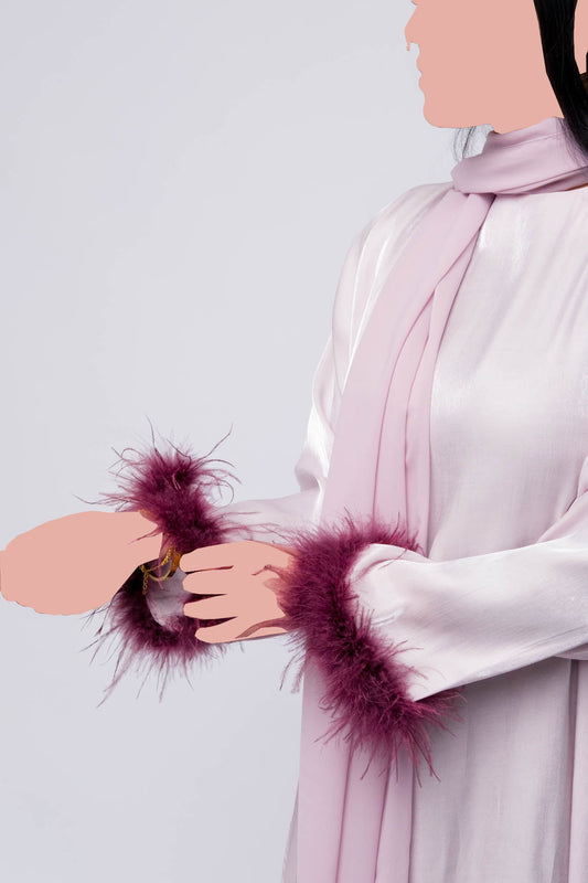 Luxury Feather Cuff Satin Abaya - Blush Pink