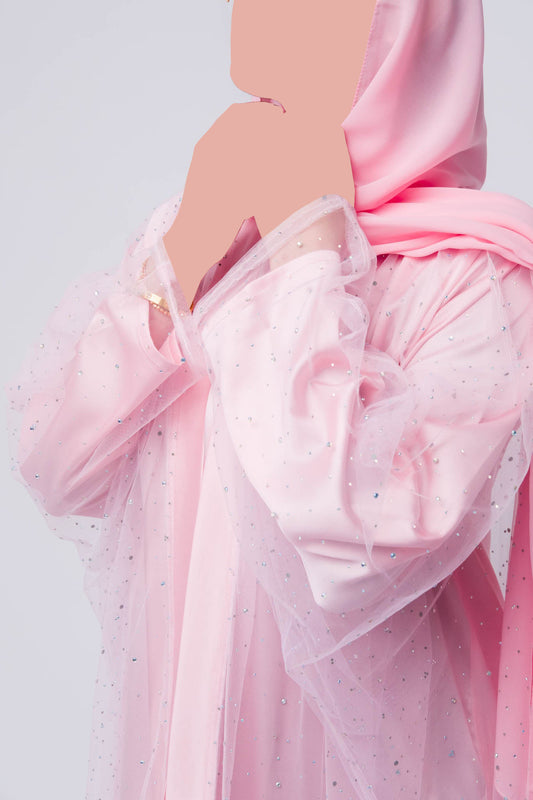 Luxury Three Piece Open Abaya Set – Pink