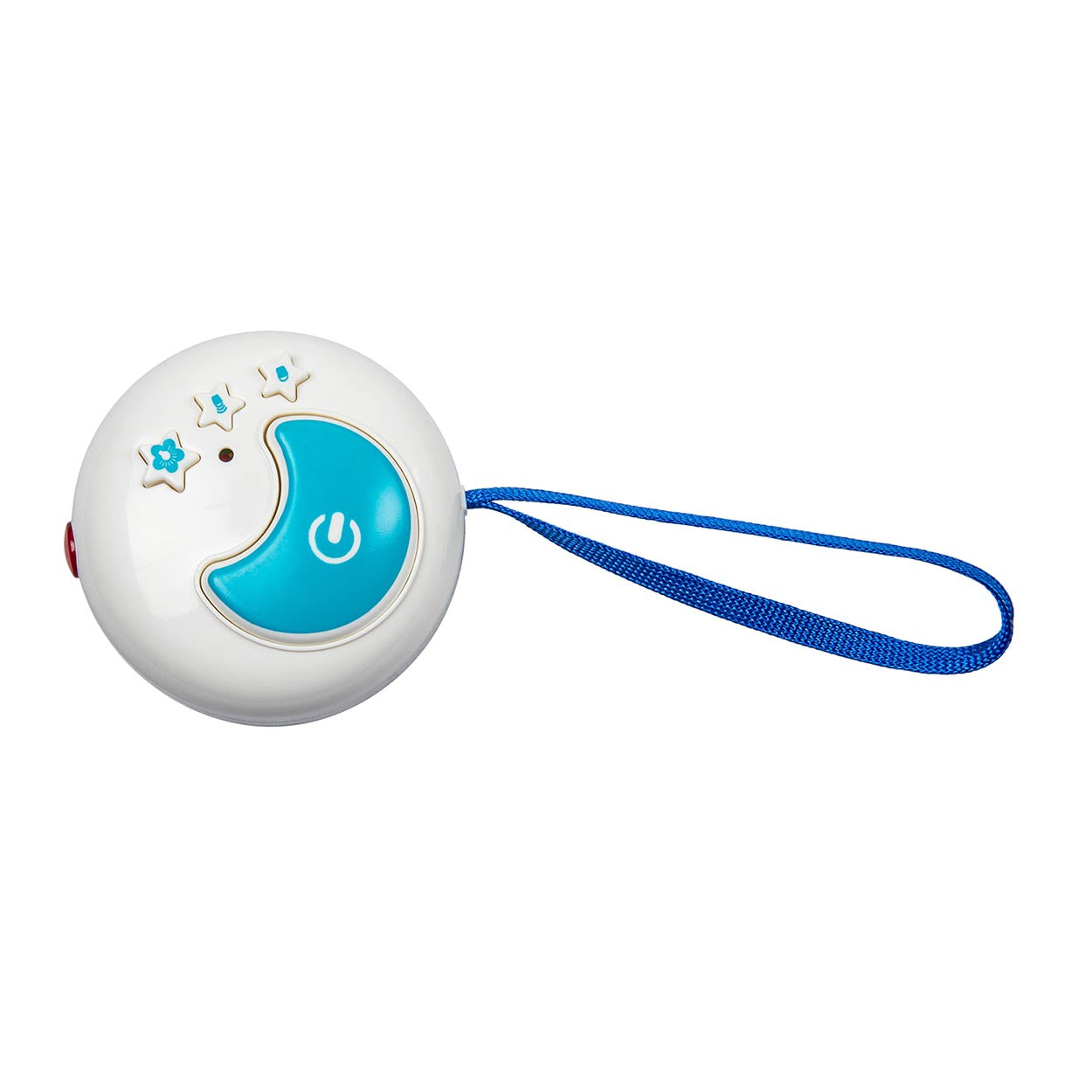 White device with blue crescent moon and star design on a white background