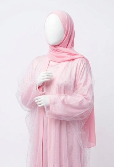 Luxury Three Piece Open Abaya Set – Pink