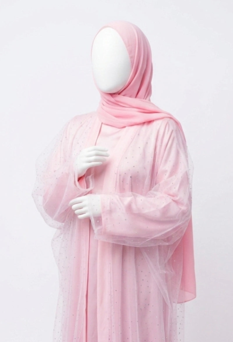 Luxury Three Piece Open Abaya Set – Pink