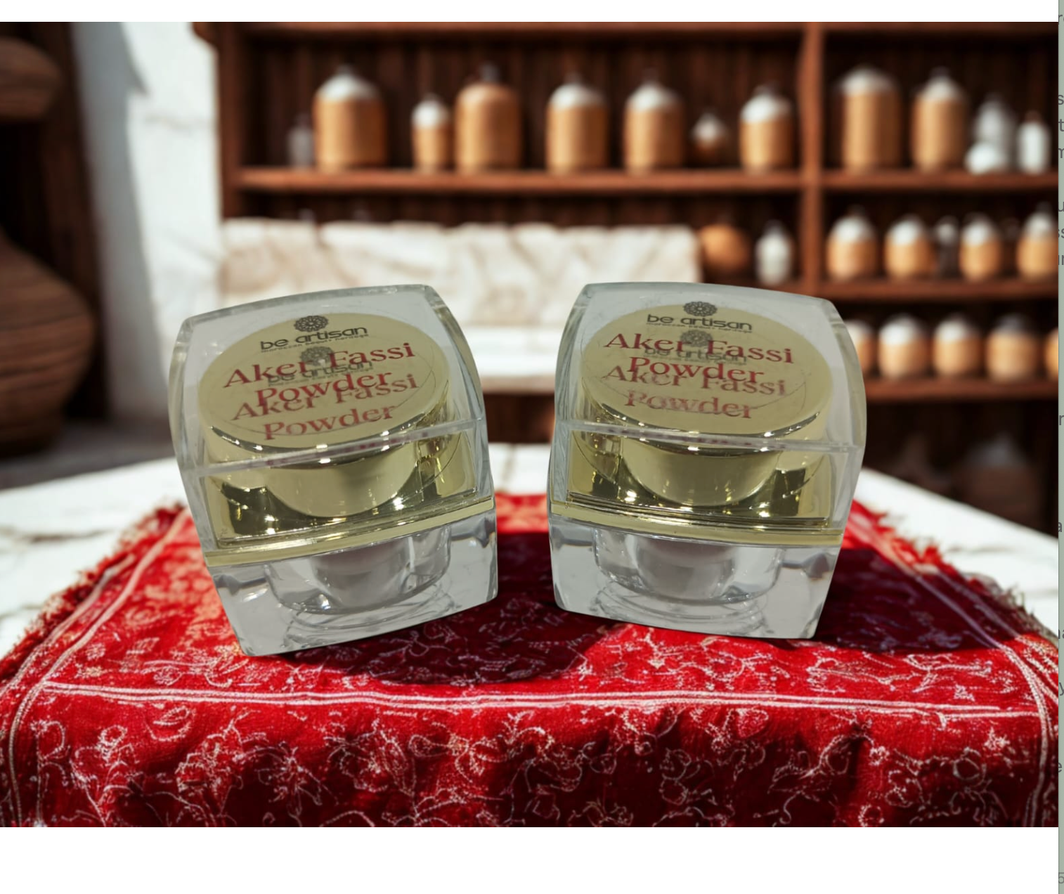 “Aker Fassi Powder in glass jar – traditional Moroccan red beauty pigment for skin and henna”