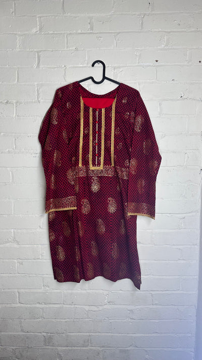 Red Printed Ethnic Kurti with Gold Embroidery