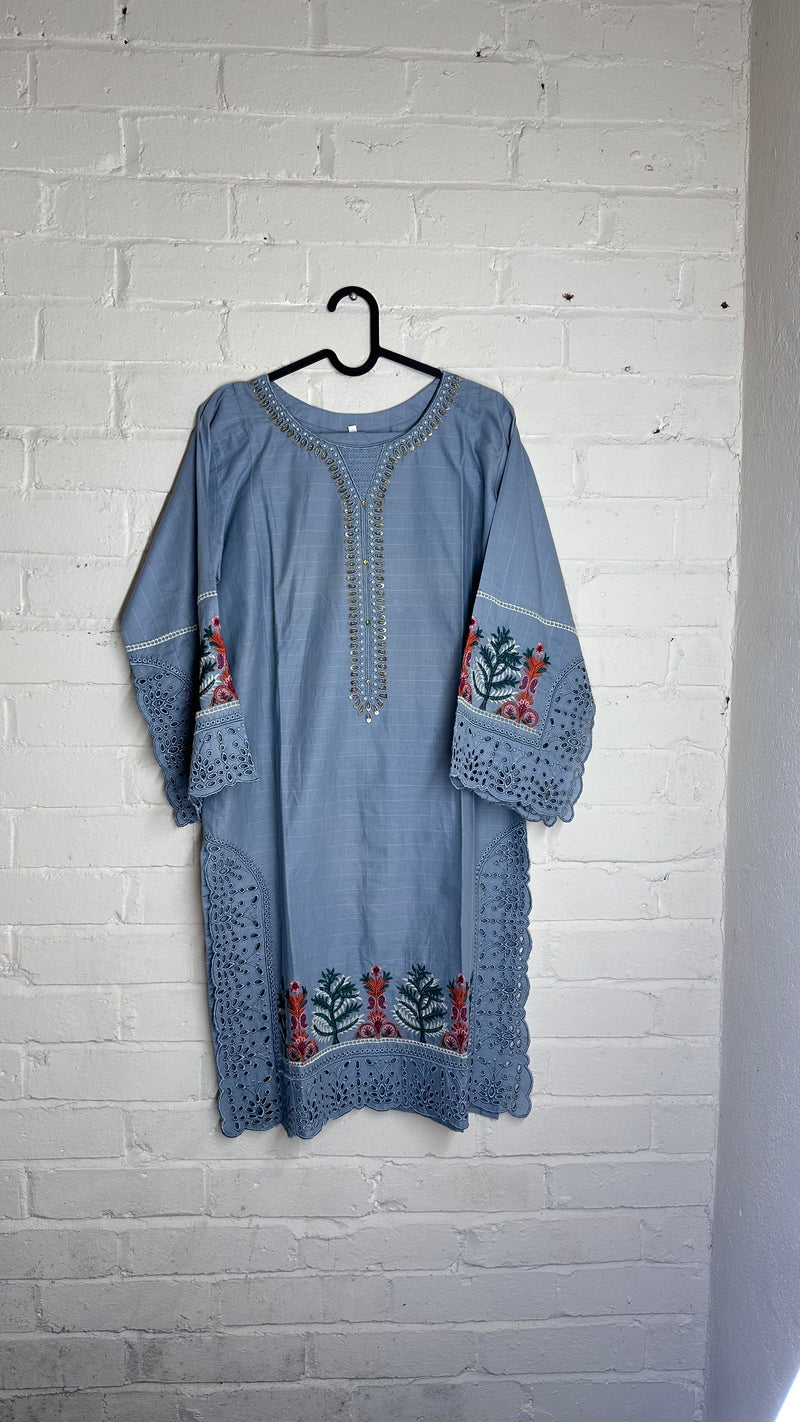 Light Blue Embroidered Modest Kurti