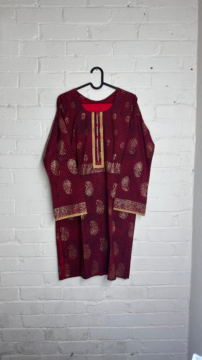 Deep Red Embroidered Ethnic Kurti