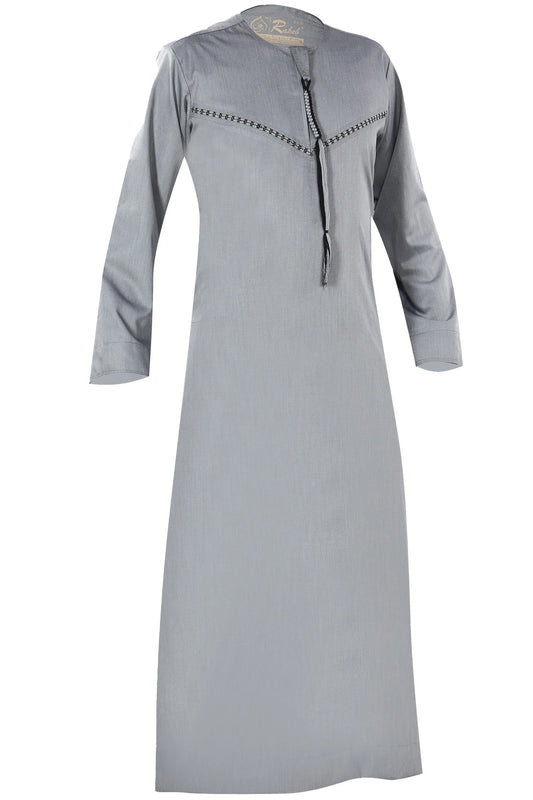 Light Grey Omani Thobe – Embroidered Traditional Arabian Thawb with Tassel