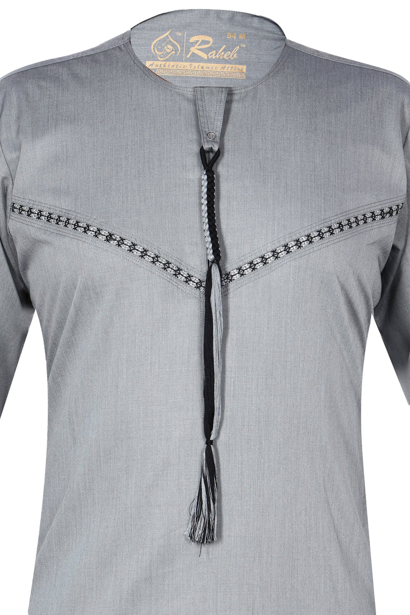 Light Grey Omani Thobe – Embroidered Traditional Arabian Thawb with Tassel