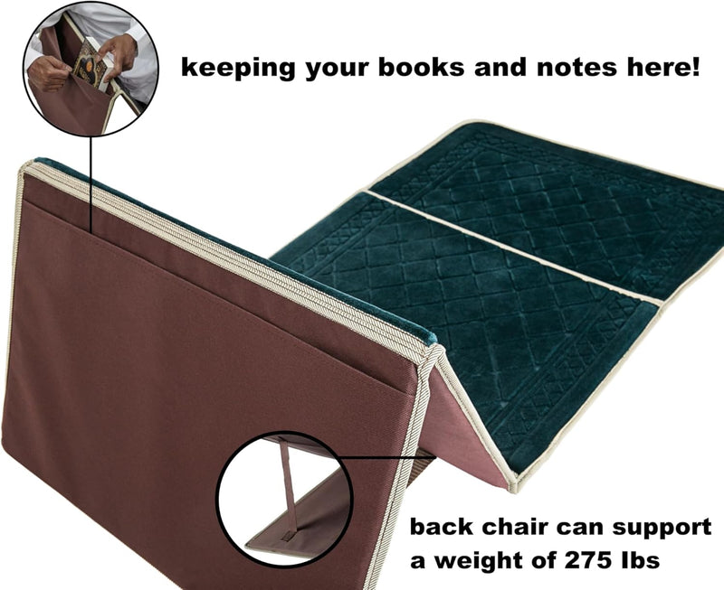 Muslim prayer rug (mat/Jay Namaz) with back support.