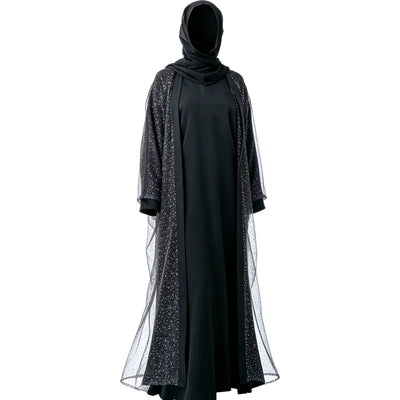 Luxury Three Piece Open Abaya Set – Black