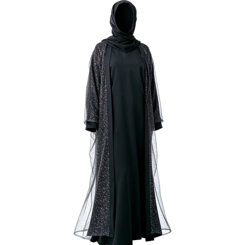 Luxury Three Piece Open Abaya Set – Black