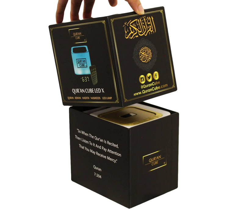 Quran Cube LED X – Smart LED Quran Speaker with 16 Colour Lights, Remote Control & 16 Reciters | Islamic Gift UK