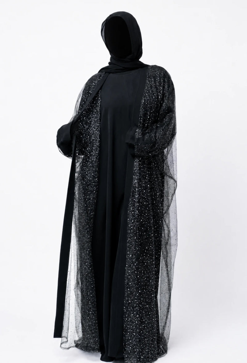 Luxury Three Piece Open Abaya Set – Black