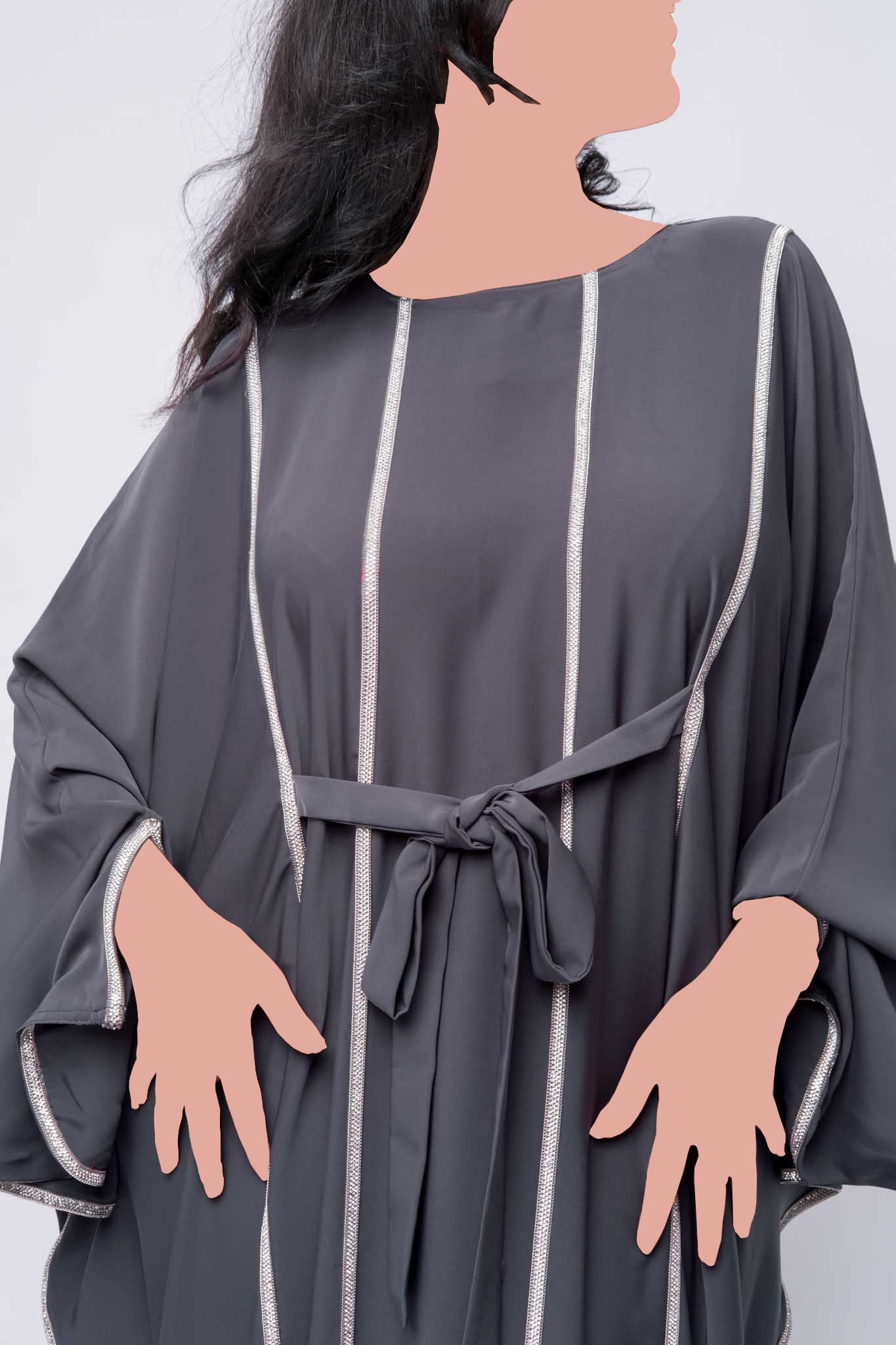 Closed Embellished Farasha Abaya With Belt – Grey