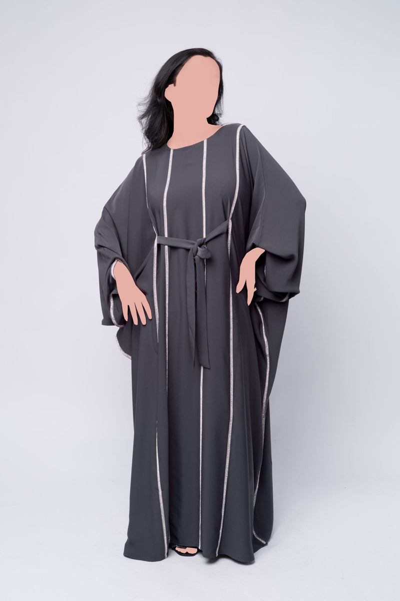 Closed Embellished Farasha Abaya With Belt – Grey