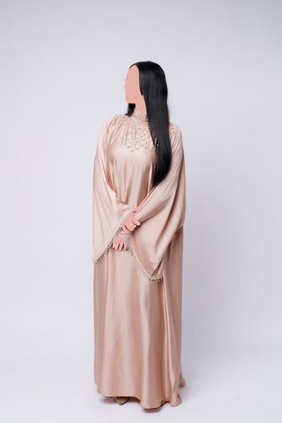 Luxury Embellished Abaya With Beaded High Neck & Fringe Sleeves – Golden Peach