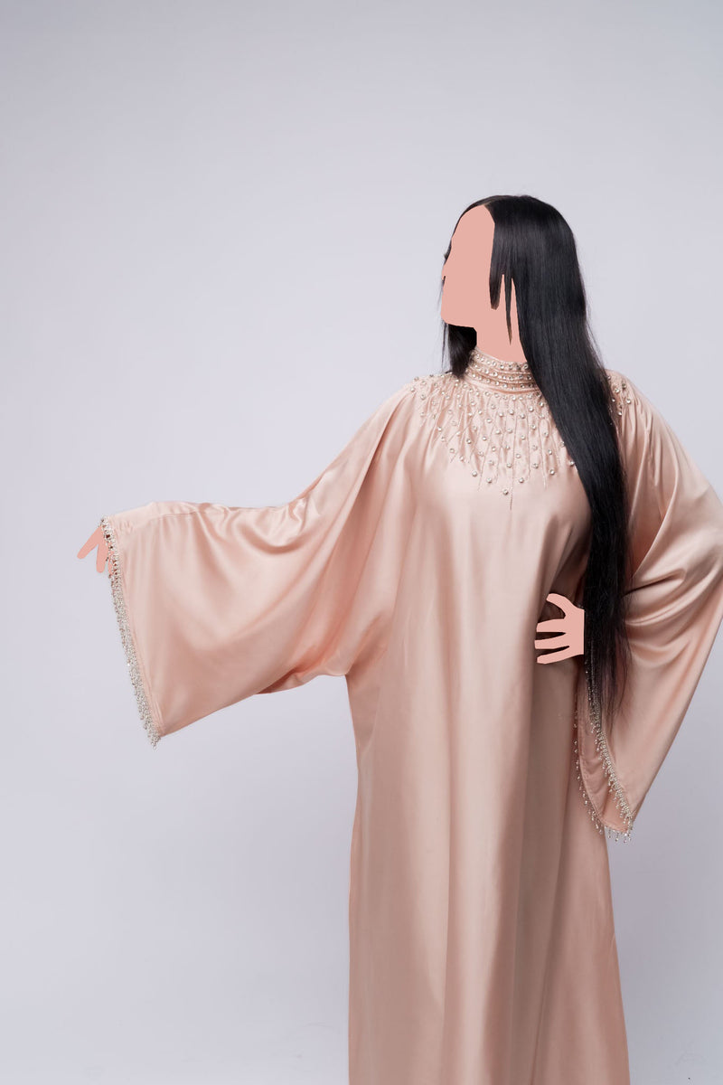 Luxury Embellished Abaya With Beaded High Neck & Fringe Sleeves – Golden Peach