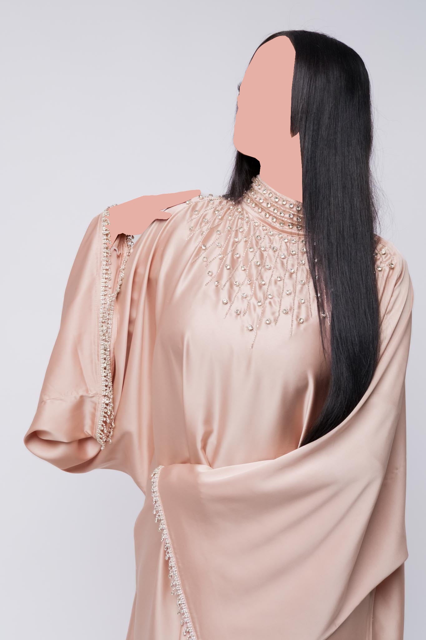 Luxury Embellished Abaya With Beaded High Neck & Fringe Sleeves – Golden Peach