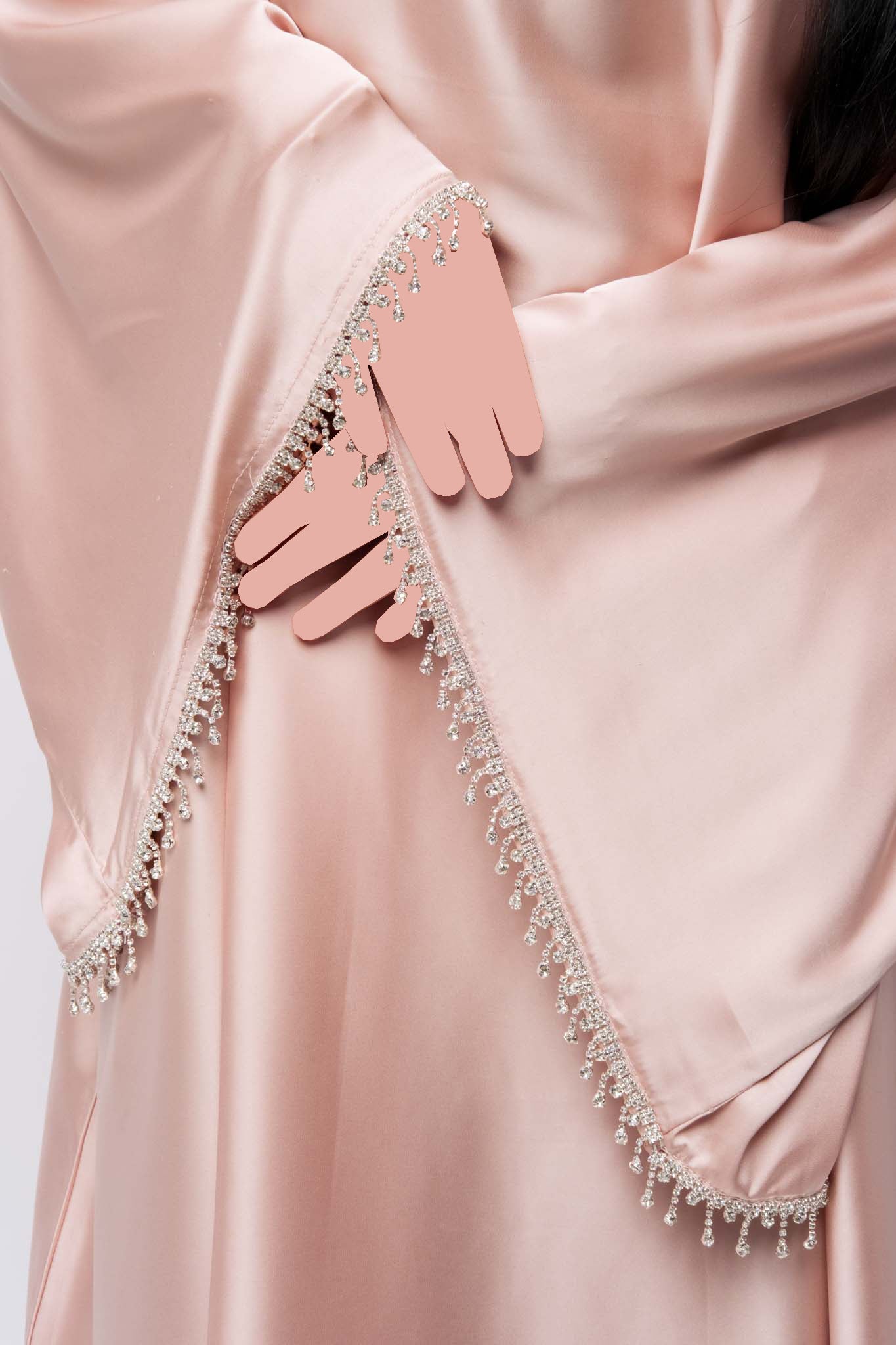 Luxury Embellished Abaya With Beaded High Neck & Fringe Sleeves – Golden Peach