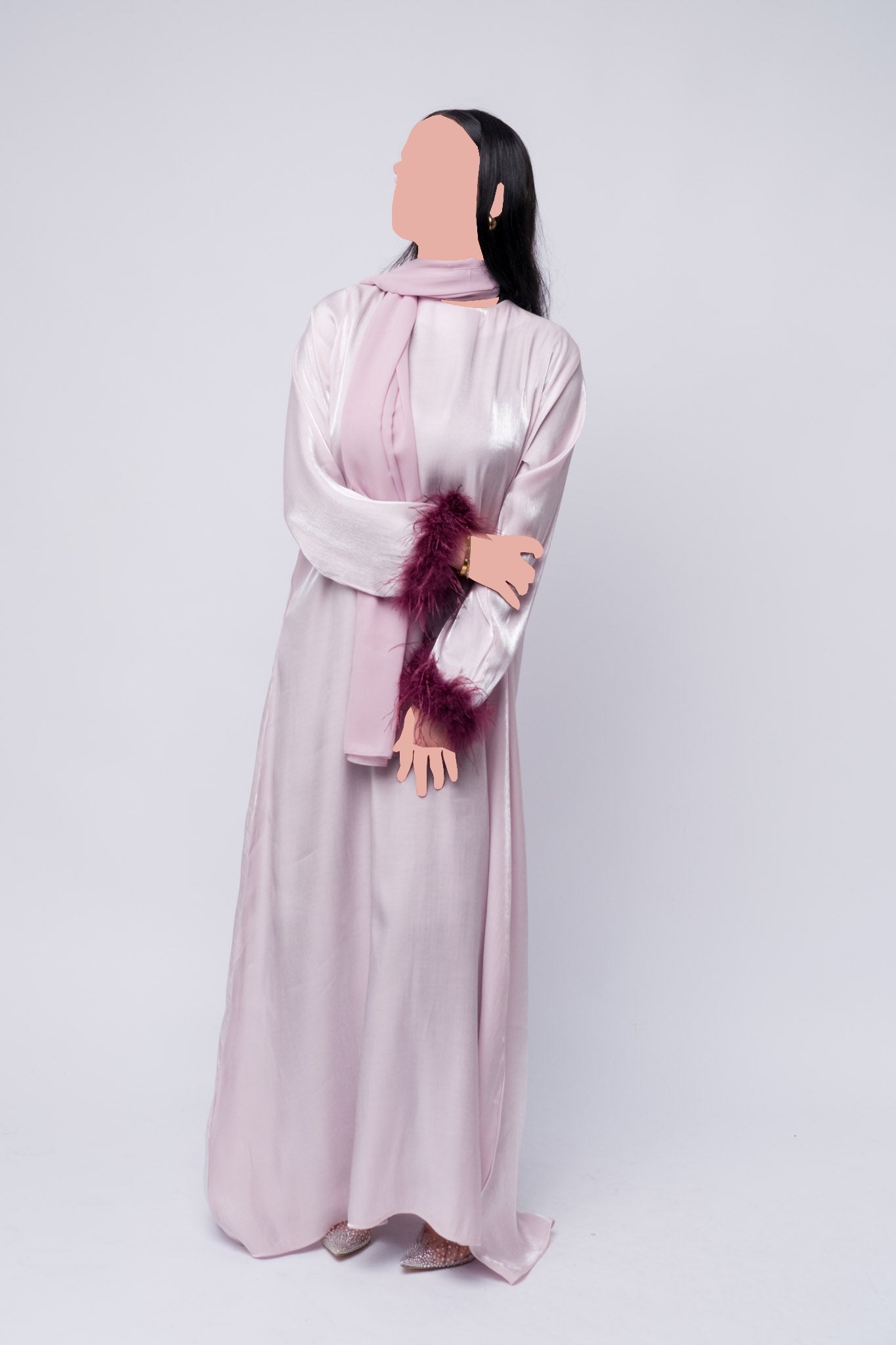 Luxury Feather Cuff Satin Abaya - Blush Pink