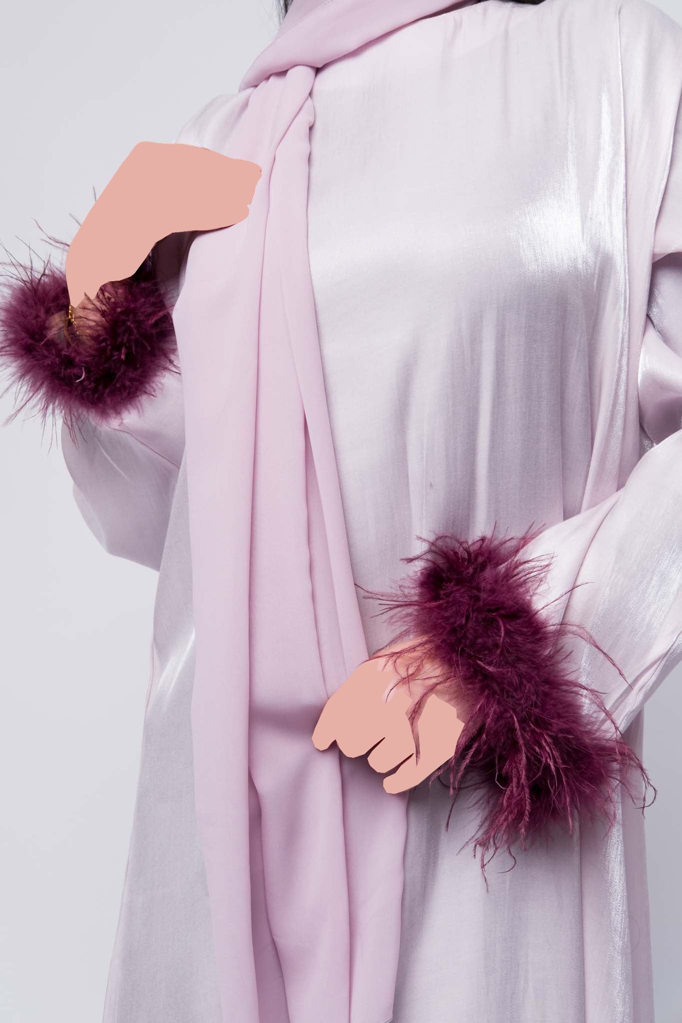 Luxury Feather Cuff Satin Abaya - Blush Pink