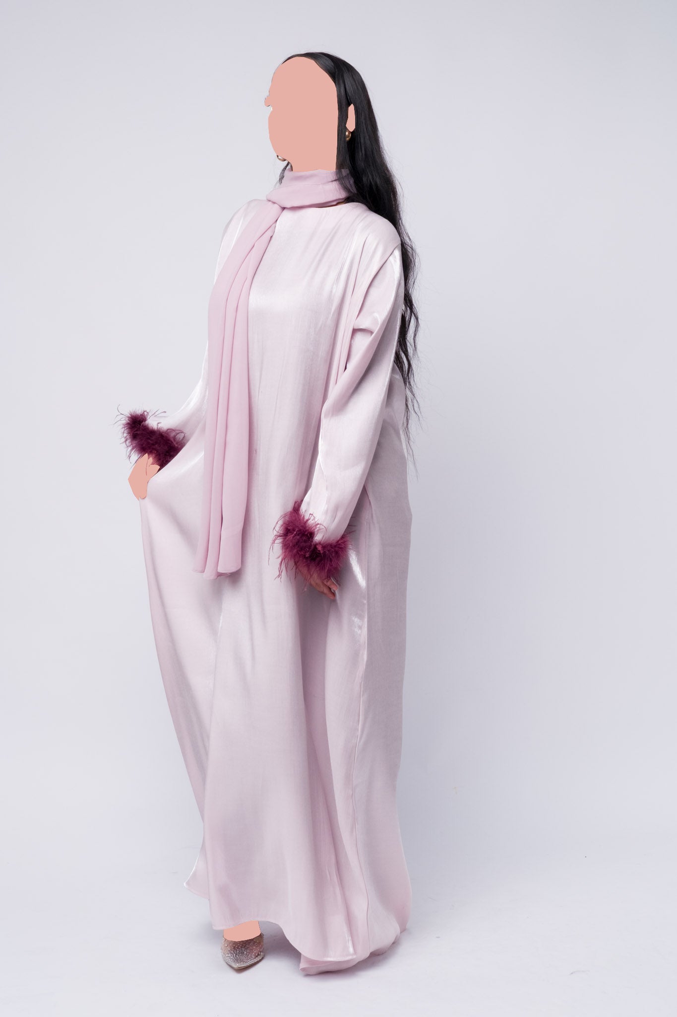 Luxury Feather Cuff Satin Abaya - Blush Pink
