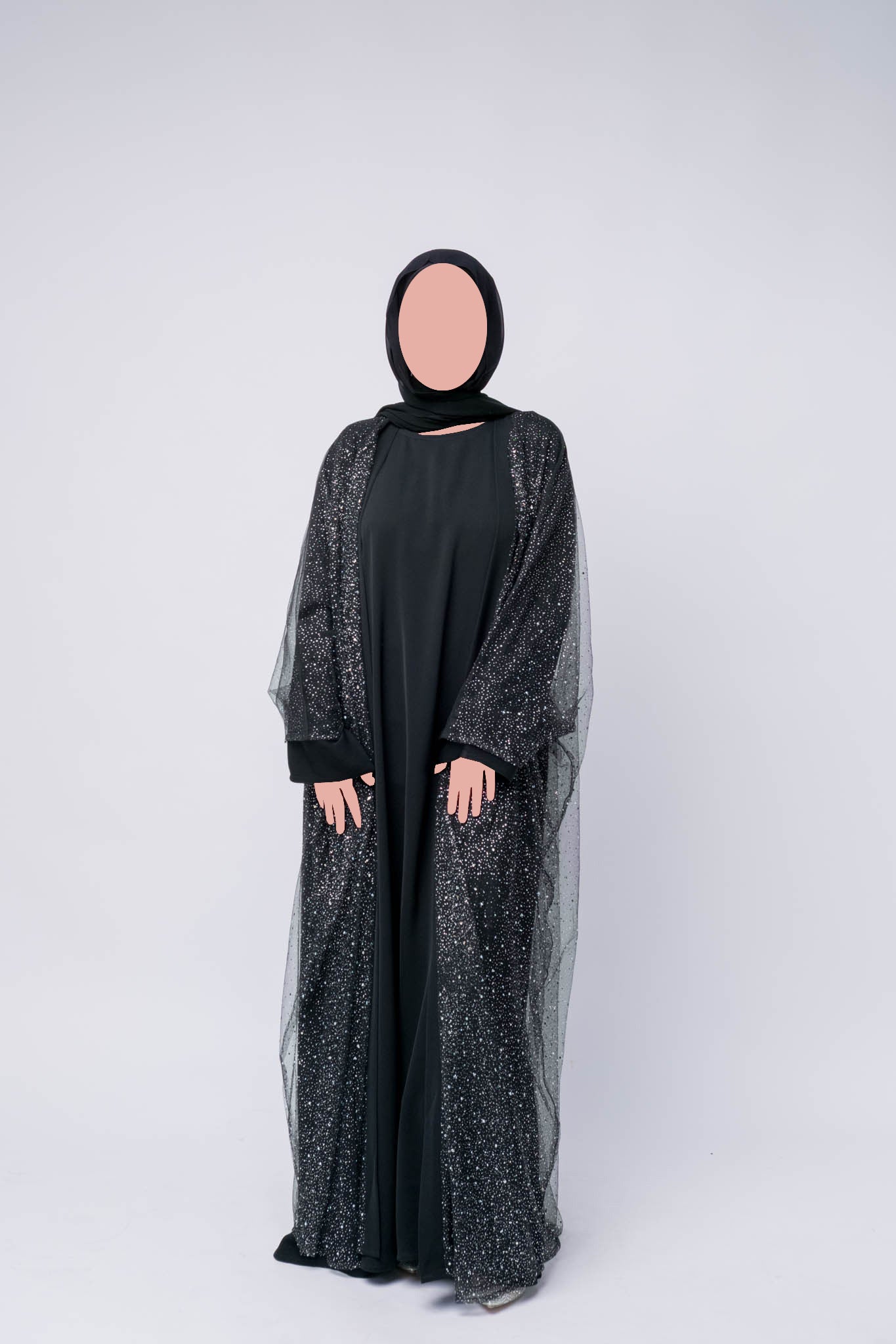 Luxury Three Piece Open Abaya Set – Black