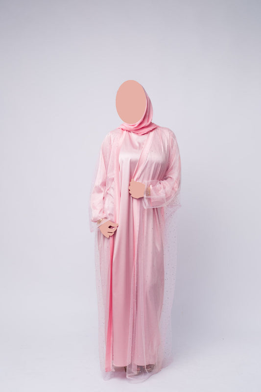 Luxury Three Piece Open Abaya Set – Pink