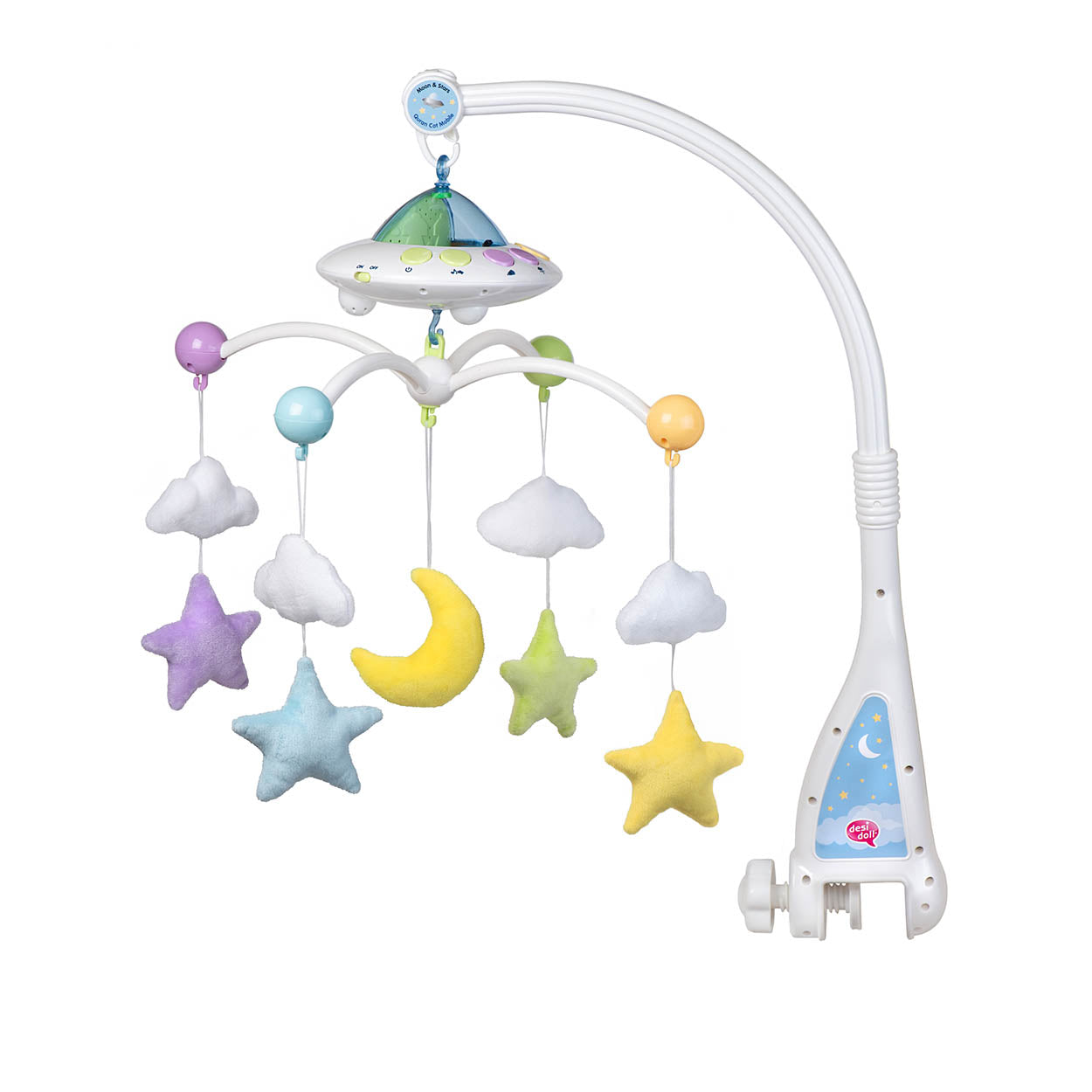 Baby mobile with stars, clouds, and moon on a white background