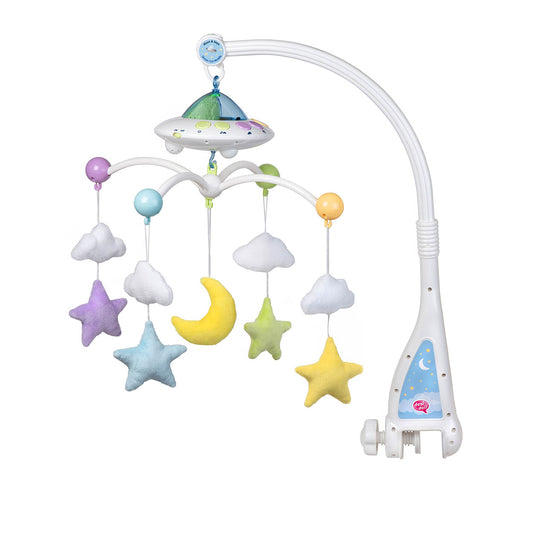 Baby mobile with stars, clouds, and moon on a white background