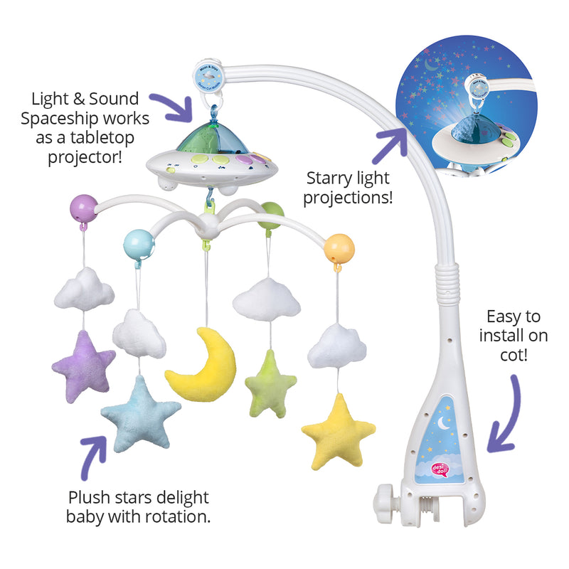 Baby mobile with stars, moon, and spaceship design on a white background