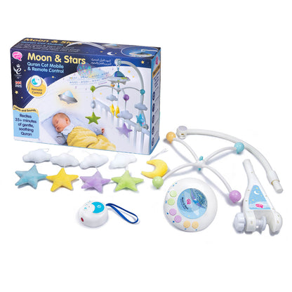 Baby mobile with stars, clouds, and remote control next to its packaging on a white background