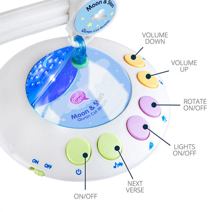 Control panel of a Moon & Stars Quran Car Mobile with labeled buttons and functions.