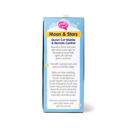 Moon & Stars Quran Cot Mobile & Remote Control packaging on a white background