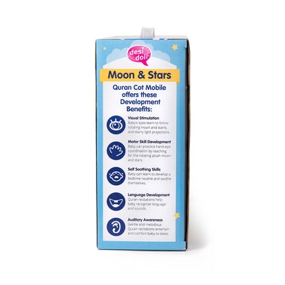 Moon & Stars Quran Cat Mobile packaging with development benefits listed on a white background